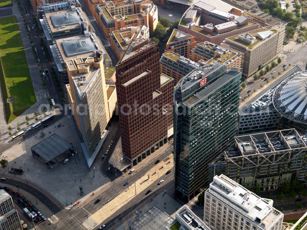 Berlin from above - View of the Potsdamer Sqaure with the Kollhoff Tower, the Bahntower and the Quarter Daimler. The square was redesigned in 1991 by architect Richard Rogers as a so-called high-rise City for the 21st Century. potsdamerplatz.de