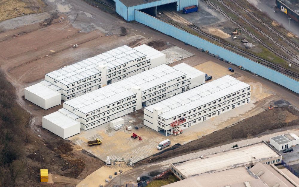 Mülheim OT Styrum from above - View of the container construction of the Ruhr West University of engineering schience in Mülheim-Styrum. The Imoba Immobilien GmbH creates temporary classrooms untill the actual new university building is finished