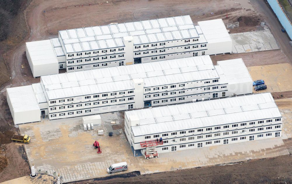 Mülheim OT Styrum from the bird's eye view: View of the container construction of the Ruhr West University of engineering schience in Mülheim-Styrum. The Imoba Immobilien GmbH creates temporary classrooms untill the actual new university building is finished