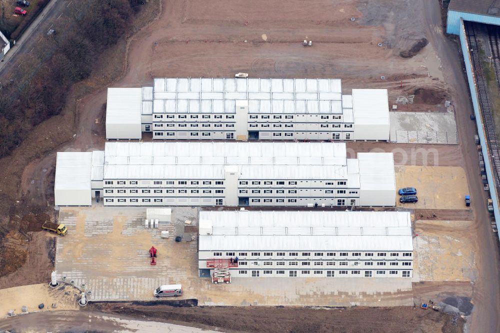 Aerial image Mülheim OT Styrum - View of the container construction of the Ruhr West University of engineering schience in Mülheim-Styrum. The Imoba Immobilien GmbH creates temporary classrooms untill the actual new university building is finished