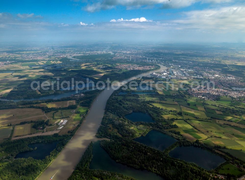 Mannheim from above - The river Rhine at the city of Mannheim in the state of Baden-Württemberg. In the overview visible is the run of the river through the landscape. In the background lies Mannheim. The Rhine is important for shipping and transportation and is surrounded by woods, small lakes and fields