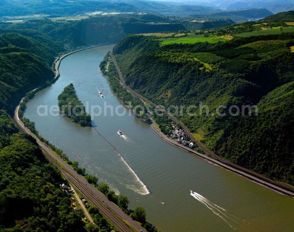 Aerial photograph Sankt Goarshausen - The Rhine and its island Ehrenthaler Werth in Sankt Goarshausen in the state of Rhineland-Palatinate. The island is located in front of the Ehrental part of the town in a curve in the Rhine Valley. Ehrental is located in the UNESCO world heritage Upper Middle Rhine Valley on the federal road 42 and is characterised by agriculture and vineyards