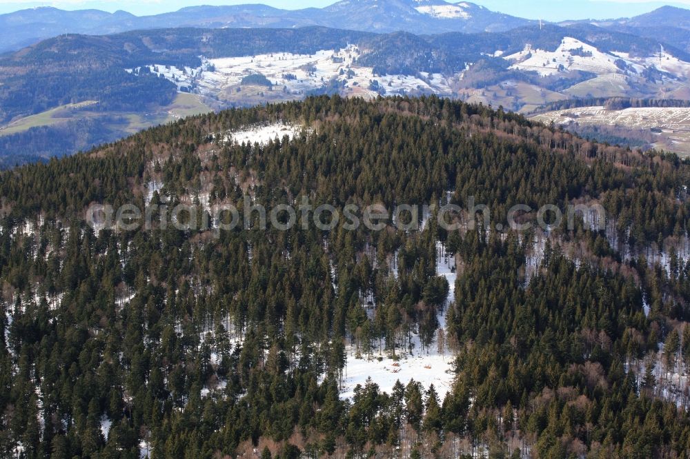 Schopfheim from the bird's eye view: On the Rohrenkopf, the local mountain of Gersbach, a district of Schopfheim in Baden-Wuerttemberg, five wind turbines are planned to be built. The building areas for the wind turbines have already been cleared in the forest landscape