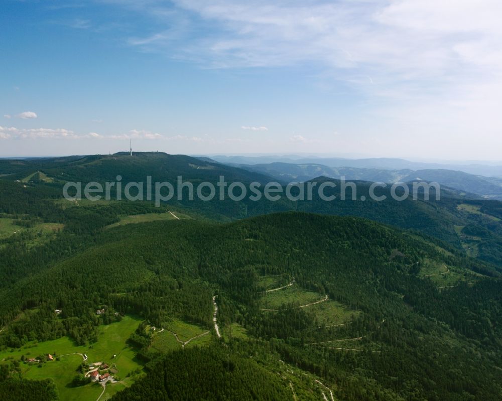 Aerial photograph Bühl - The Black Forest in the state of Baden-Württemberg. Visible in the background is the broadcasting tower on the mountain Hornisgrinde, the highest mountain of the Northern Black Forest. The Black Forest is Germany's highest and largest connected low mountain range, located in the Sout West of the state of Baden-Württemberg. Today, it is mostly significant for its tourims sites and regions