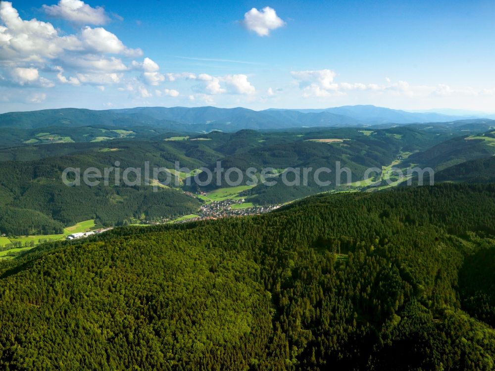 Haslach from the bird's eye view: The Black Forest in Haslach in the state of Baden-Württemberg. The Black Forest is Germany's highest and largest connected low mountain range, located in the Sout West of the state of Baden-Württemberg. Today, it is mostly significant for its tourims sites and regions