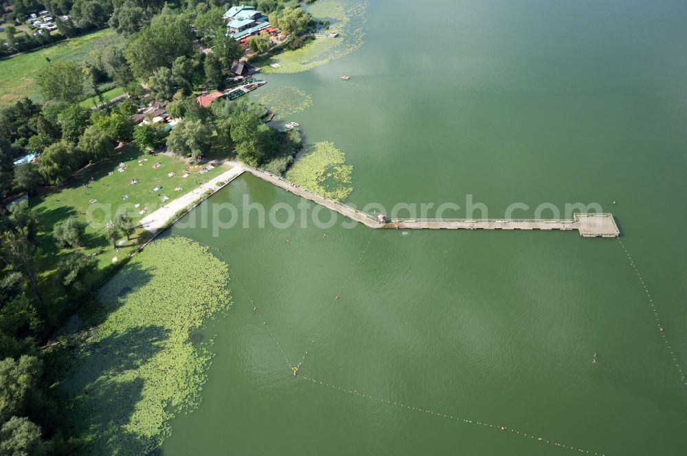 Aerial image Seeburg - View of river banks and bridge with a lawn of Seeburger lake in Seeburg in Lower Saxony