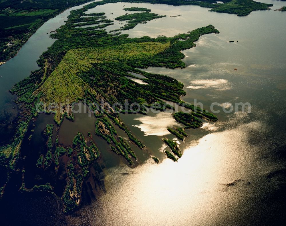 Senftenberg from above - Senftenberg Lake in the lake region of Lausitz in the state of Brandenburg. The lake belongs to the lake region of Lausitz which is an artificial water landscape, created through the flooding of former brown coal mines