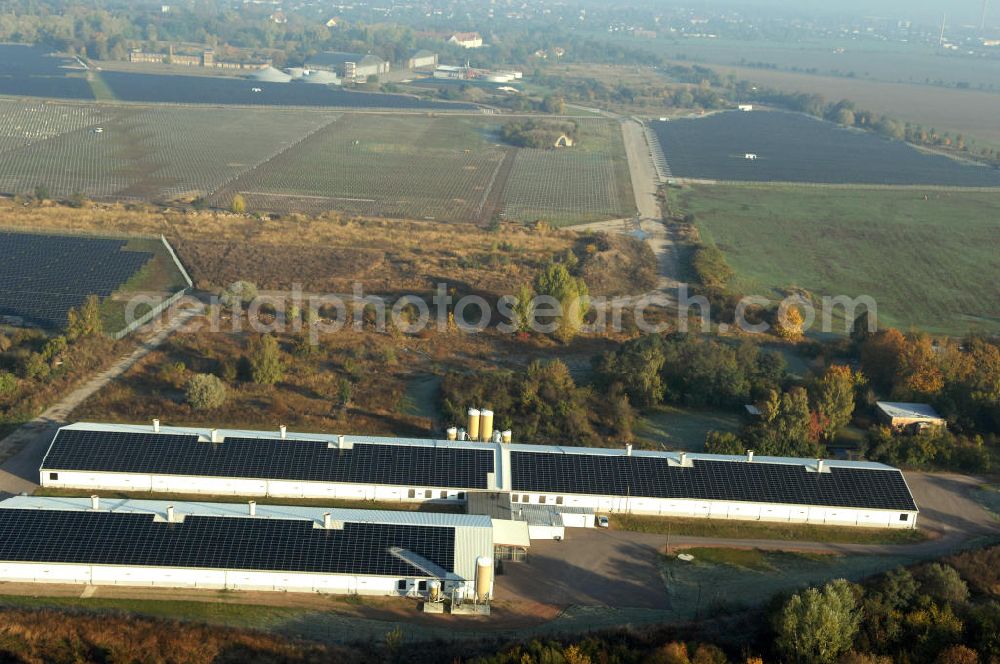 Köthen from above - Blick auf den Solarpark. Auf einer Fläche von 55 Hektar ist es das bundesweit zweitgrößte Photovoltaik-Kraftwerk und wurde 2008 in Betrieb genommen. Die hochmoderne PV-Anlage besteht aus ca. 200.000 dünnschicht Solarmodulen der Firma First Solar. Betrieben wird das Feld von der juwi solar GmbH. Kontakt: juwi Holding AG, Energie-Allee 1, 55286 Wörrstadt, Tel. 06732 / 96 57- 0,