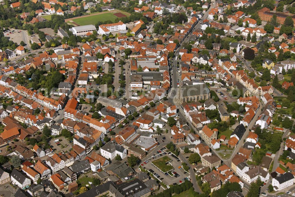 BÜCKEBURG from above - View at the Kernstadt district of Bückeburg in Lower Saxony. Thetown church, the inner city, and the sports field at the Bergdorfer street can be seen