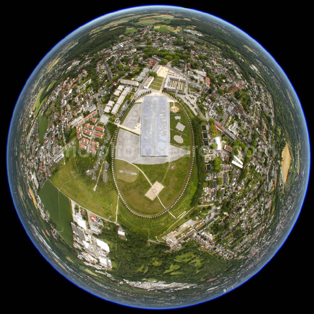 Herne from the bird's eye view: Fish-eye picture of the district park Mont-Cenis with the solar roof of the Retraining College of the Interior Ministry on the grounds of the former pit