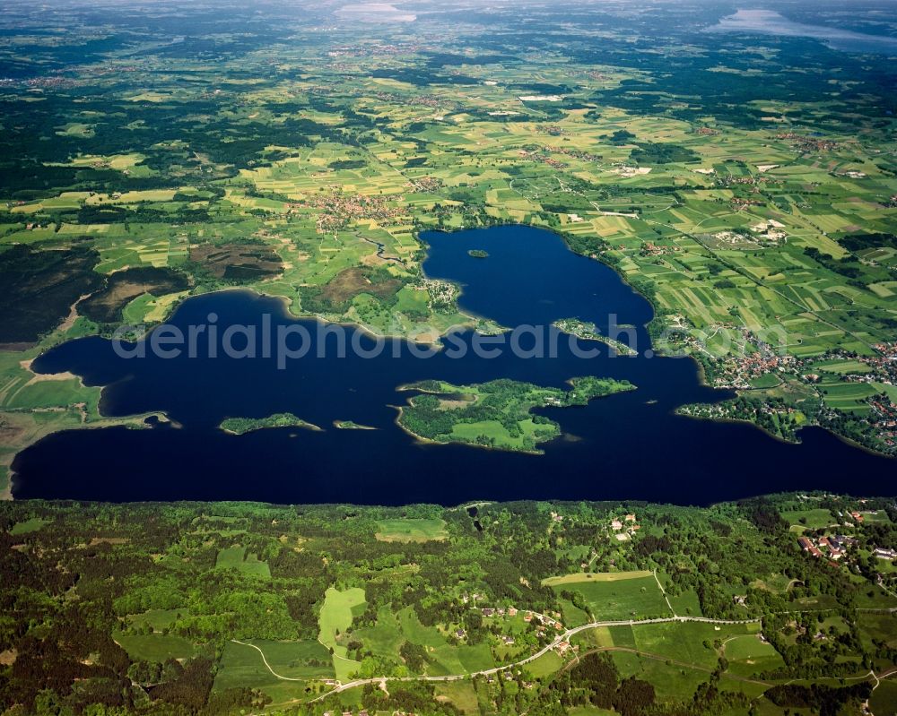 Aerial photograph Seehausen am Staffelsee - The lake Staffelsee in the county of Seehausen am Staffelsee in the state of Bavaria. The lake is a beloved bathing and swimming location. The passenger ship MS Seehausen crosses the lake. In the South lies the island of Wörth. The lake is property of the free state of Bavaria