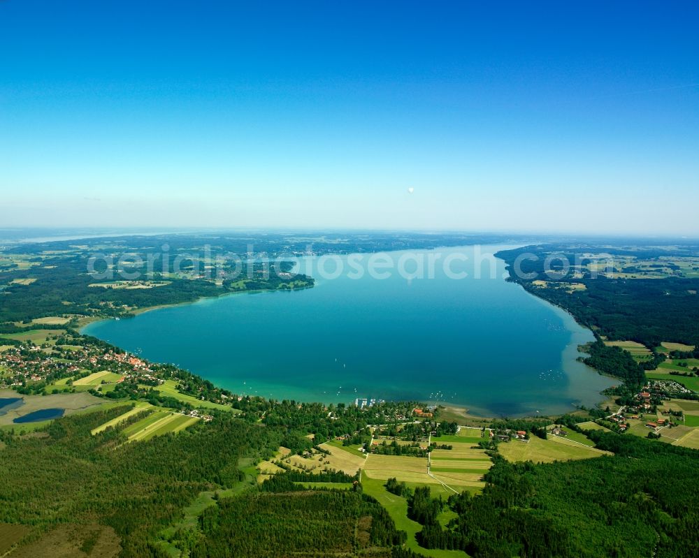 Feldafing from above - Lake Starnberg near the county of Feldafing in the district of Starnberg in the state of Bavaria. The lake is the fifth largest lake in Germany and takes the number two spot in water volume. It is property of the free state of Bavaria. For thousands of years it was significant for fishing. Today it is an important recreational area and tourist site