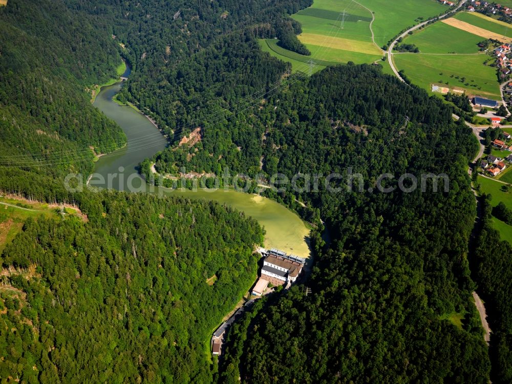 Aerial image Witznau - The barrier lake Witznau in the community of Ühlingen-Birkendorf in the state of Baden-Württemberg. The barrier lake and valley lock is a pump accumulator lake in the Schwarza valley in the Black Forest. It is the lower pool of the pumped storage hydro power station of the Schluchseewerk AG between the lake Schluchsee and the river Rhine. The upper pool is formed by the barrier lake Schwarzabruck