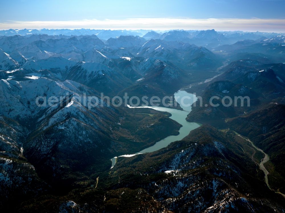 Lenggries from above - The barrier lake Sylvensteinspeicher in the Isar Valley region in the state of Bavaria. The lake was originally built for flood protection in the valley. Two power plants are used for energy & power generation. The lake is located in the Upper Isar Valley