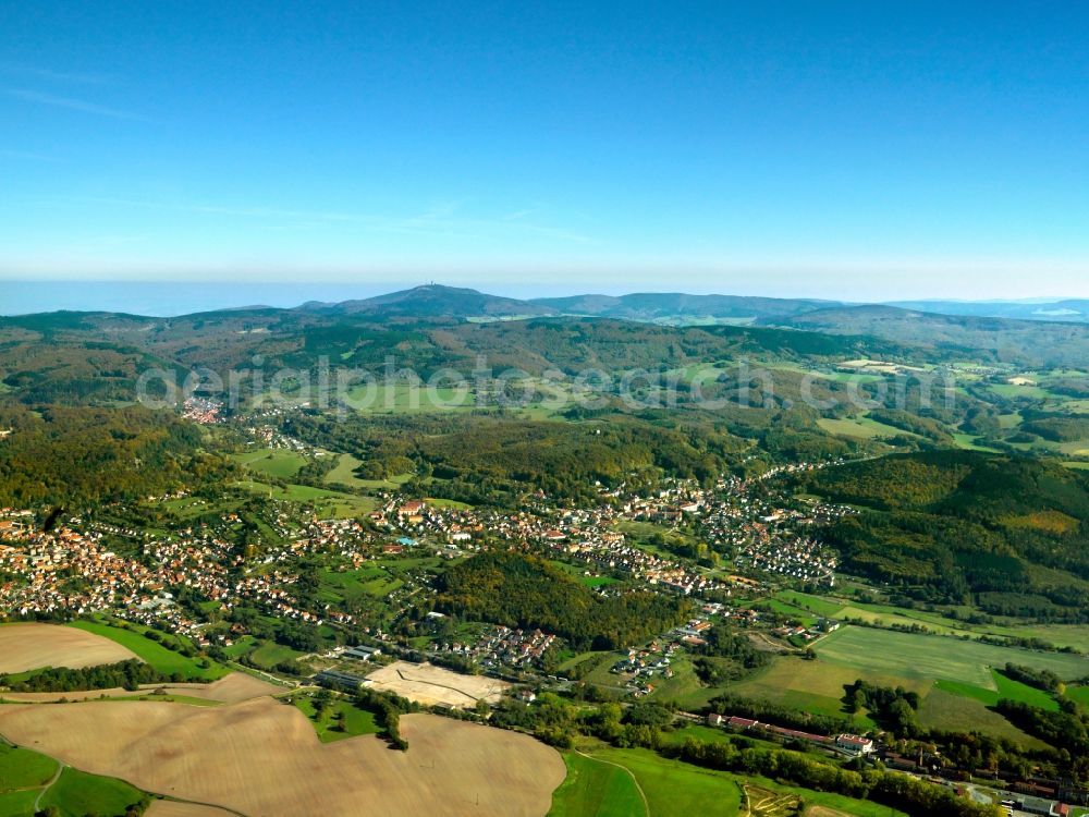 Bad Liebenstein from the bird's eye view: The Thuringian Forest in Bad Liebenstein in the state of Thuringia. Bad Liebenstein is the name giving part of the city of Bad Liebenstein in the Wartburg-Stiftung Eisenachkreis region. The city is important as a health resort and spa as well as a tourist destination. Visible in the overview are the hills and landscape of the region as well as its mixed tree forest