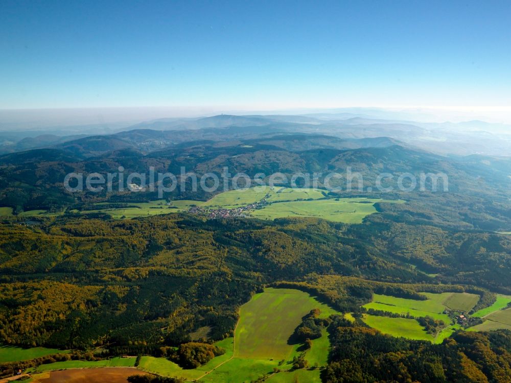 Aerial image Marksuhl - The Thuringian Forest in the county of Marksuhl in the state of Thuringia. The region is important as a health resort and spa as well as a tourist destination. Visible in the overview are the hills and landscape of the region as well as its mixed tree forest