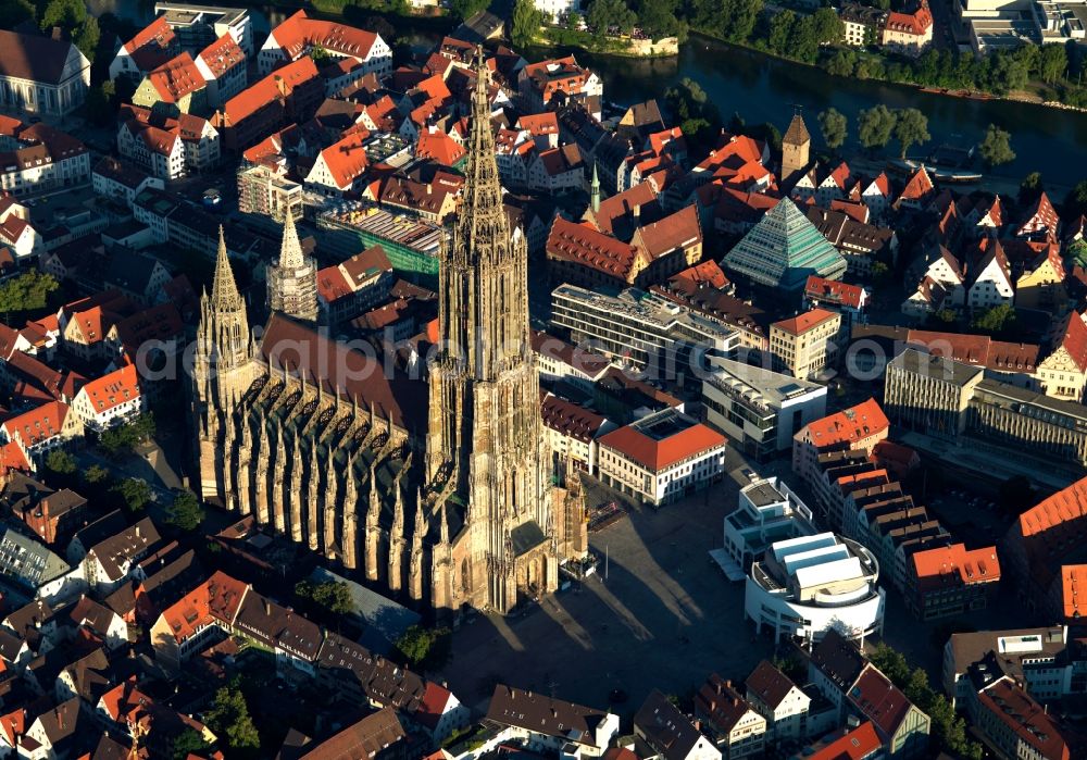 Aerial image Ulm - The Minster is a Gothic style church built in Ulm, a former free imperial city. Completed in 1890, 161.53 m high tower is the tallest church tower in the world. The foundation stone was laid in 1377, when the free imperial city of Ulm were Roman Catholics through the centuries