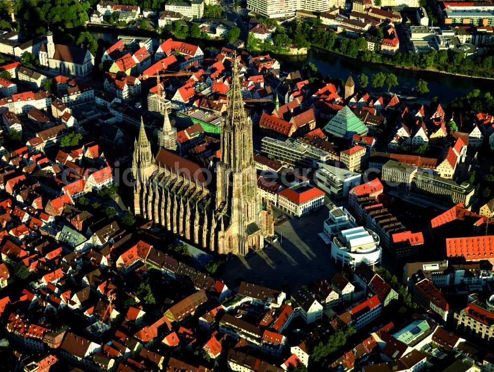 Aerial photograph Ulm - The Minster is a Gothic style church built in Ulm, a former free imperial city. Completed in 1890, 161.53 m high tower is the tallest church tower in the world. The foundation stone was laid in 1377, when the free imperial city of Ulm were Roman Catholics through the centuries