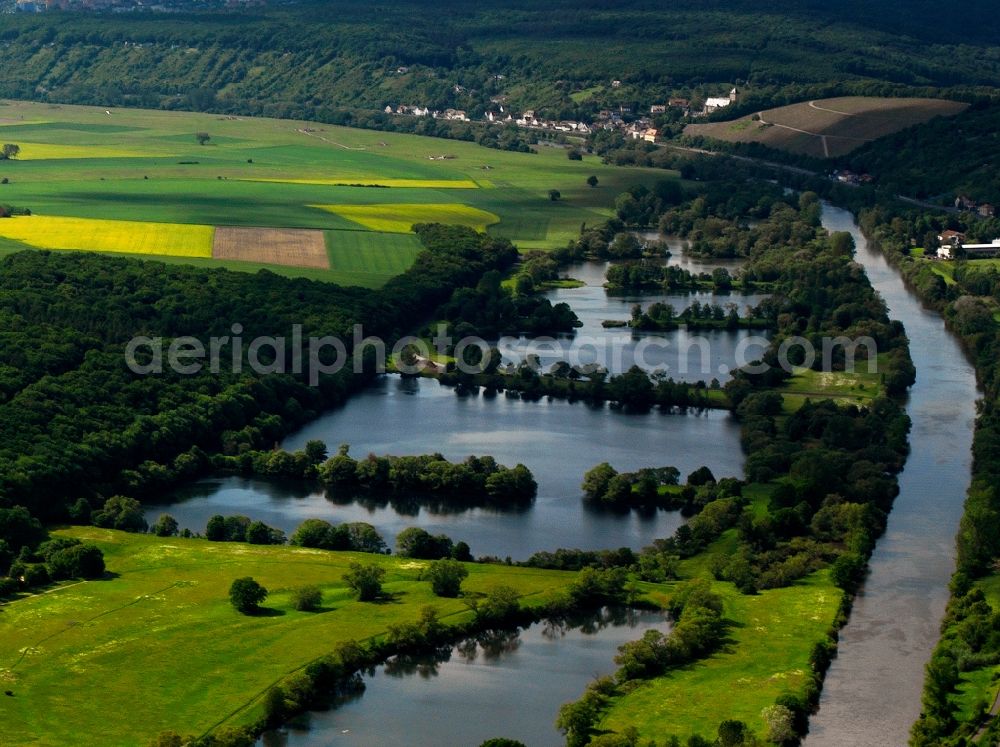 Schonungen from above - The run of the river Main in the borough of Schonungen in the state of Bavaria. The landscape is characterised by the waters and shores of the river with its sidearms and ponds. On the riverbank, there are several hills with vineyards