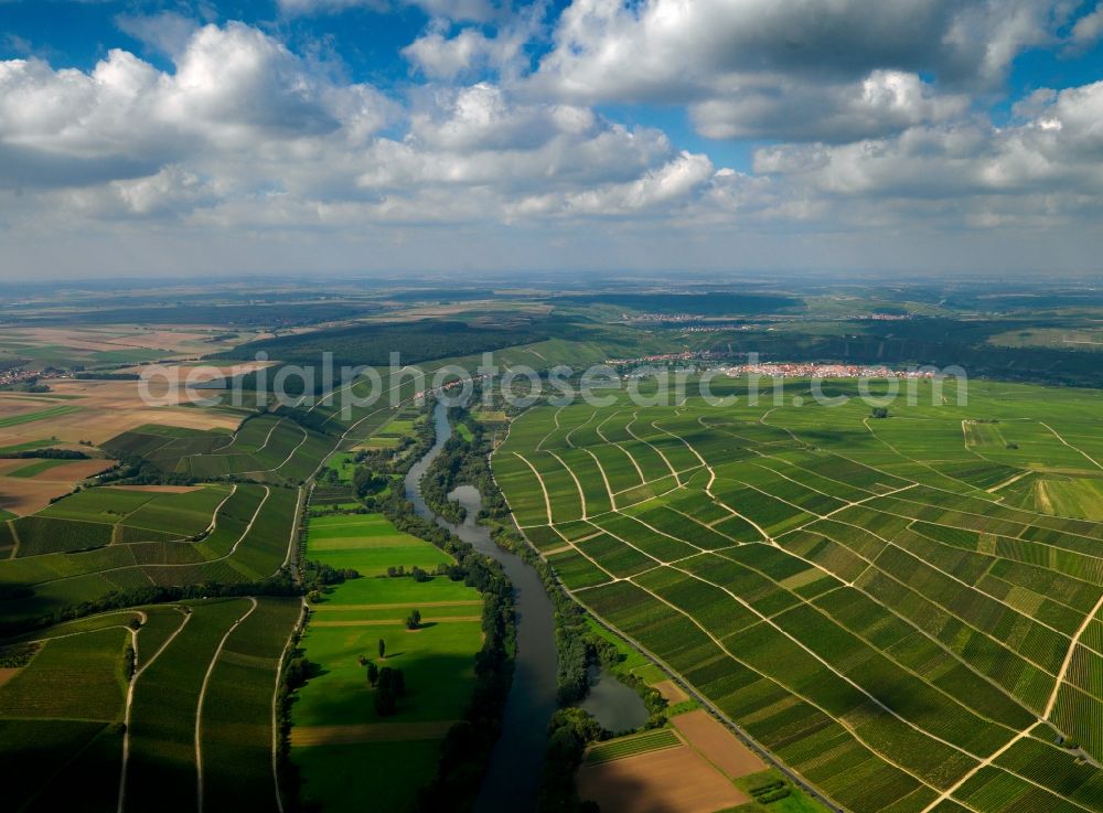 Aerial image Volkach - The horseshoe bend and the run of the river Main in Sommerach in the community of Volkach in the state of Bavaria. The river runs through the landscape and forms the Southern Main bend. The run of the river can be traced through the overview. The horseshoe bend is nature preserve area