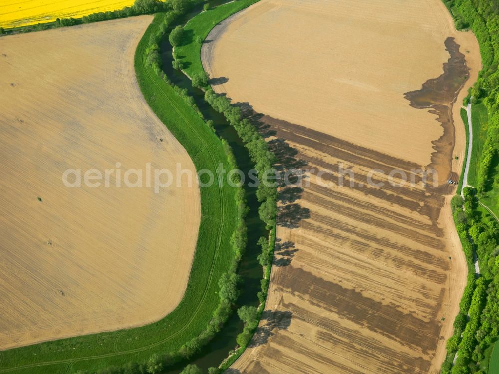 Aerial photograph Dornburg - The run of the river Saale near Dornburg in the Saale Holzland district of the state of Thuringia. The river runs between fields and acres, dominated by the yellow rapeseed and canola fields