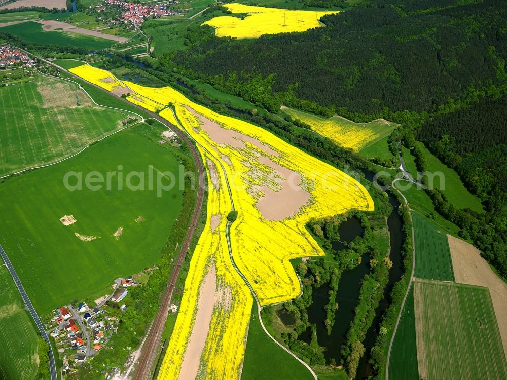 Aerial image Orlamünde - The run of the river Saale near Dornburg in the Saale Holzland district of the state of Thuringia. The river runs between fields and acres, dominated by the yellow rapeseed and canola fields