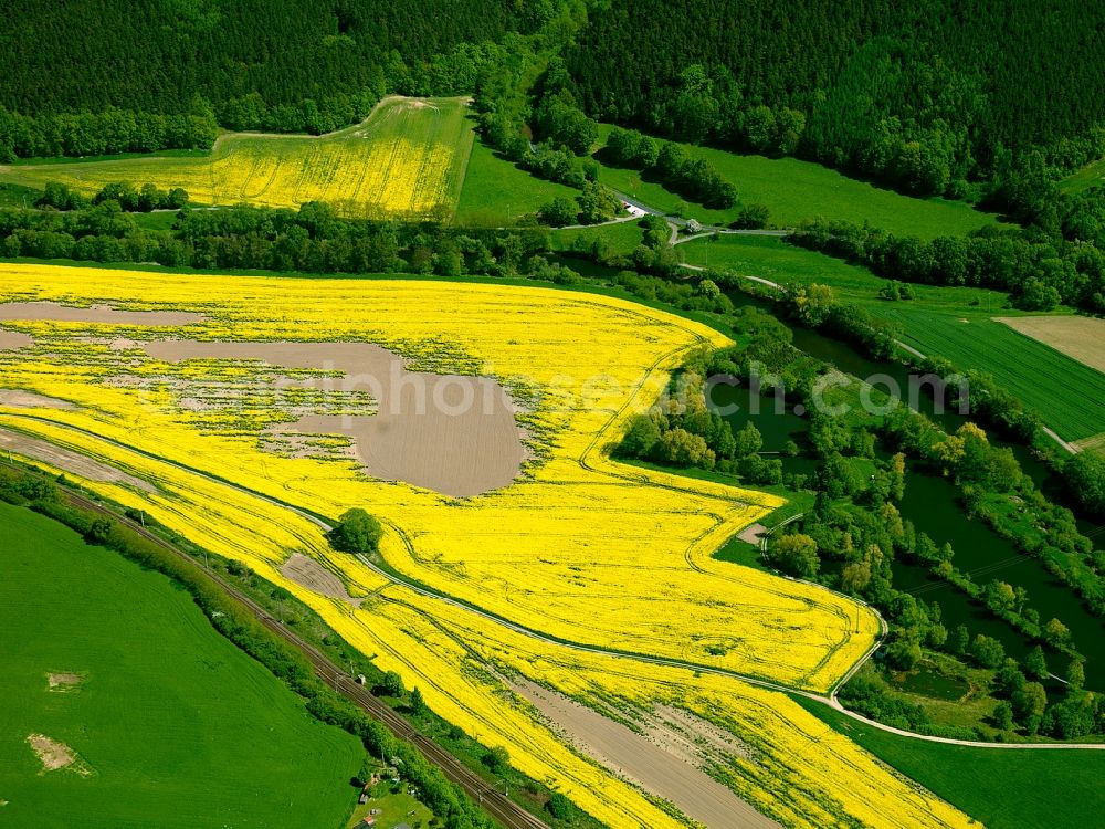 Aerial photograph Orlamünde - The run of the river Saale near Dornburg in the Saale Holzland district of the state of Thuringia. The river runs between fields and acres, dominated by the yellow rapeseed and canola fields