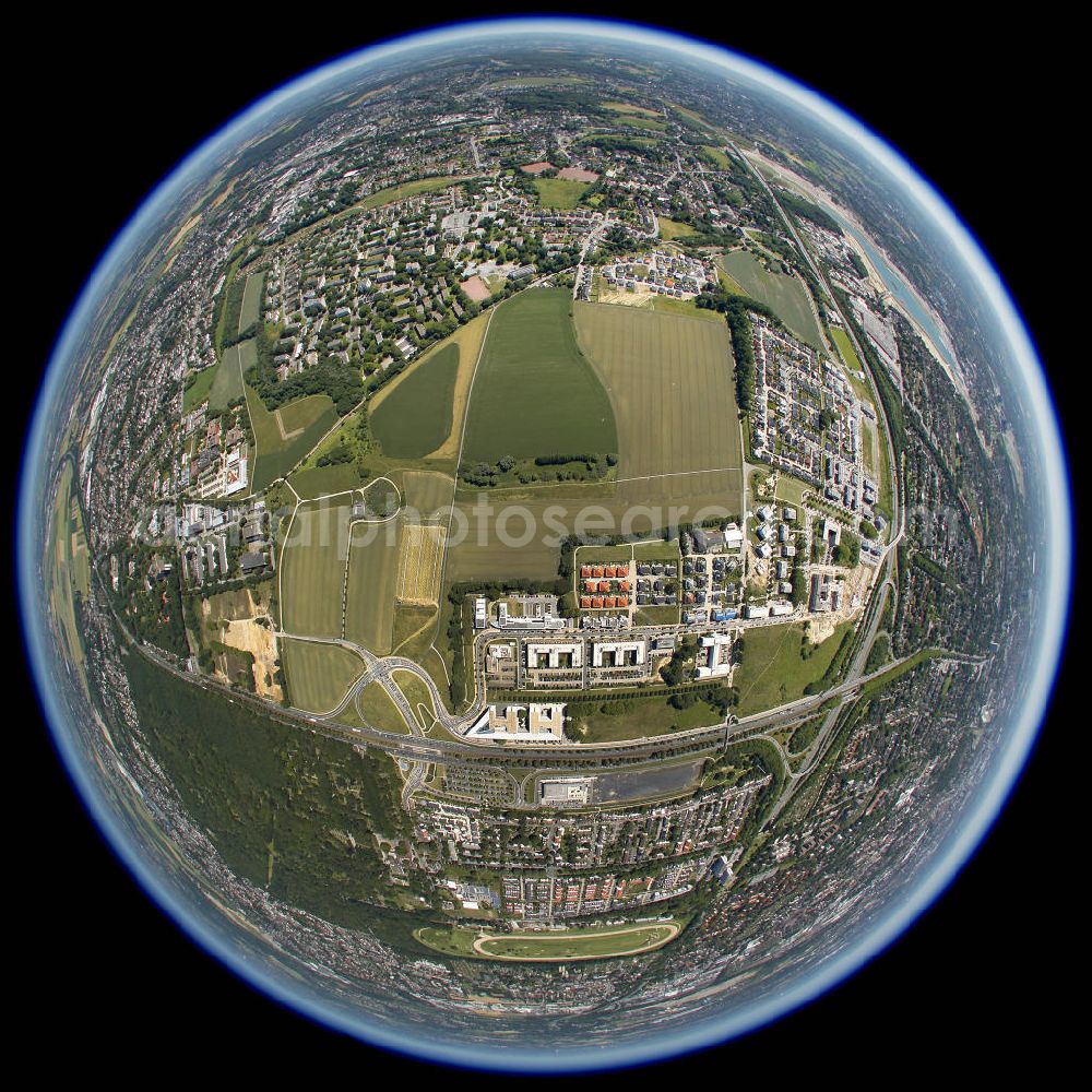 Dortmund from above - Fish-eye of the Westphalendamm in Dortmund with the adjacent industrial zone An Der Freien Vogel Street, which is the regional headquarters of ADAC, home to Holiday Inn Express Hotel and the City of Stadtkrone Development Company