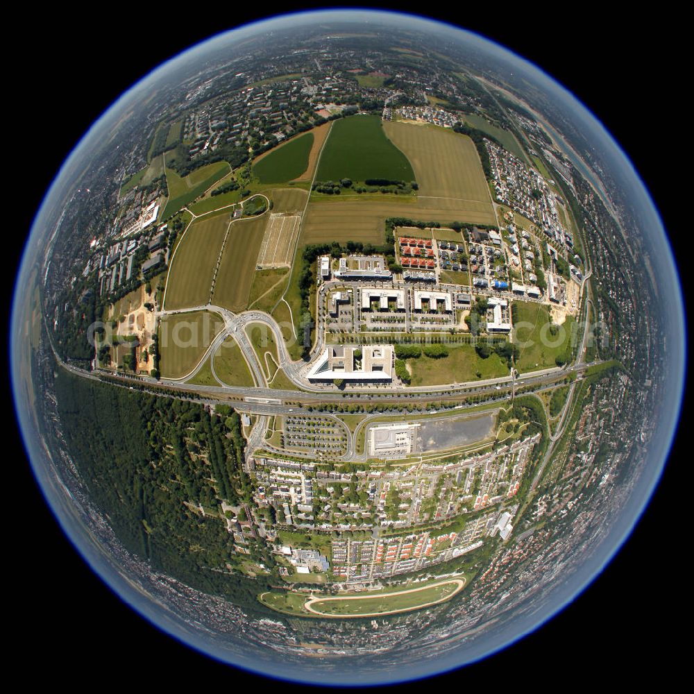 Aerial image Dortmund - Fish-eye of the Westphalendamm in Dortmund with the adjacent industrial zone An Der Freien Vogel Street, which is the regional headquarters of ADAC, home to Holiday Inn Express Hotel and the City of Stadtkrone Development Company