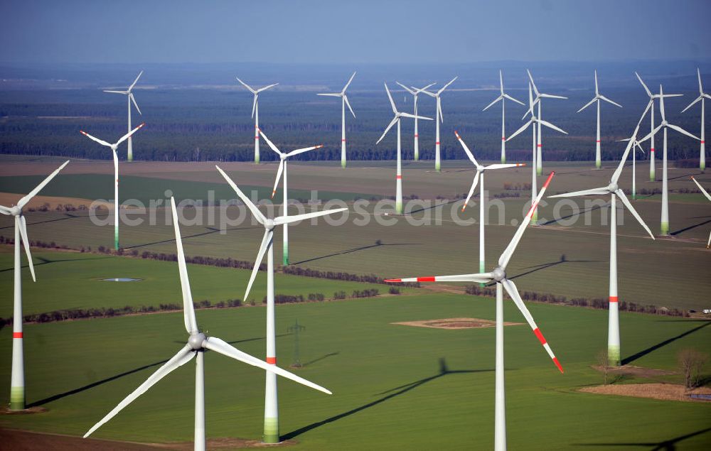 Aerial image Treuenbrietzen - View of the wind farm Marzahna of Treuenbrietzen. The Winpark opened in 2006 and extended in 2007. Operater of the power generation system is the Enertrag AG