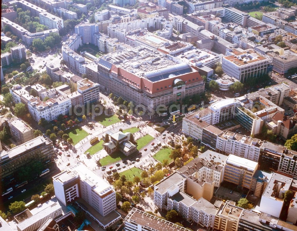 Berlin from the bird's eye view: The Wittenberg place, with KaDeWe and the cross-shaped building access to Wittenberg Platz Underground Station in Berlin Germany Berlin