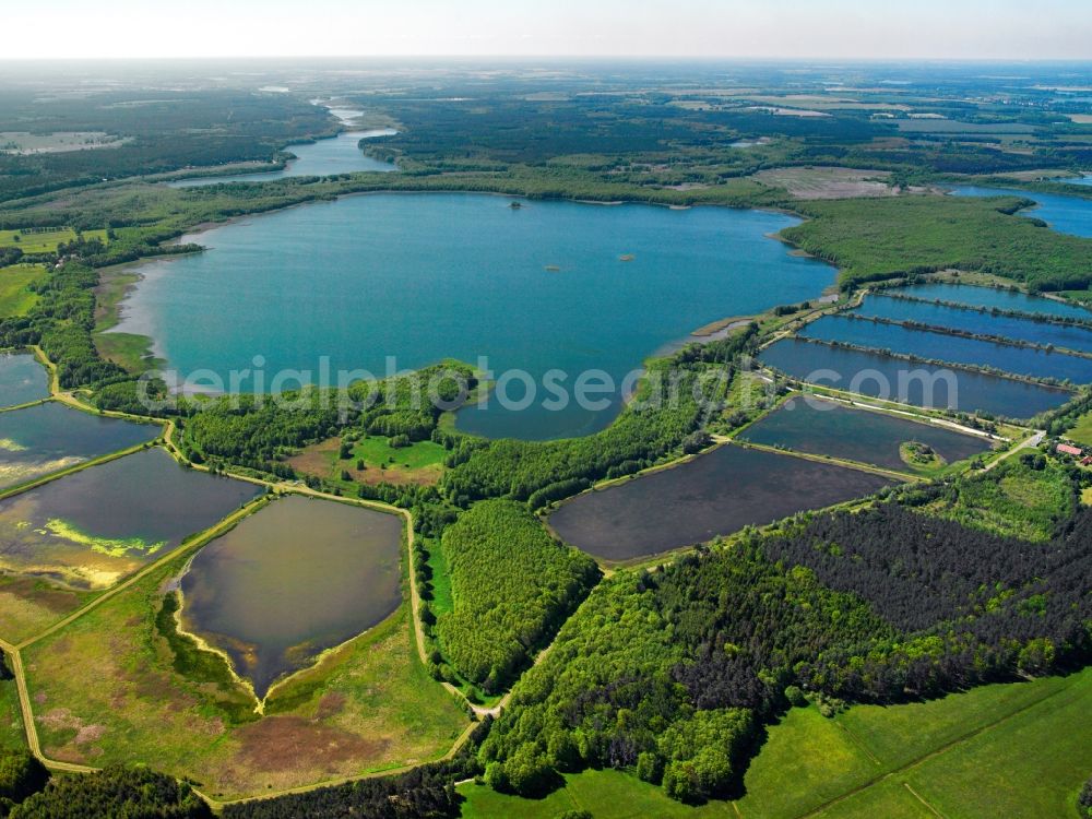 Rechlin from above - Lake Woterfitzsee in the borough of Rechlin in the state of Mecklenburg-Vorpommern. The lake is located southeast of the Mueritz in the Mecklenburg lake district. It is surrounded by swamps, moor and fishing lakes and it is part of the National Park Mueritz