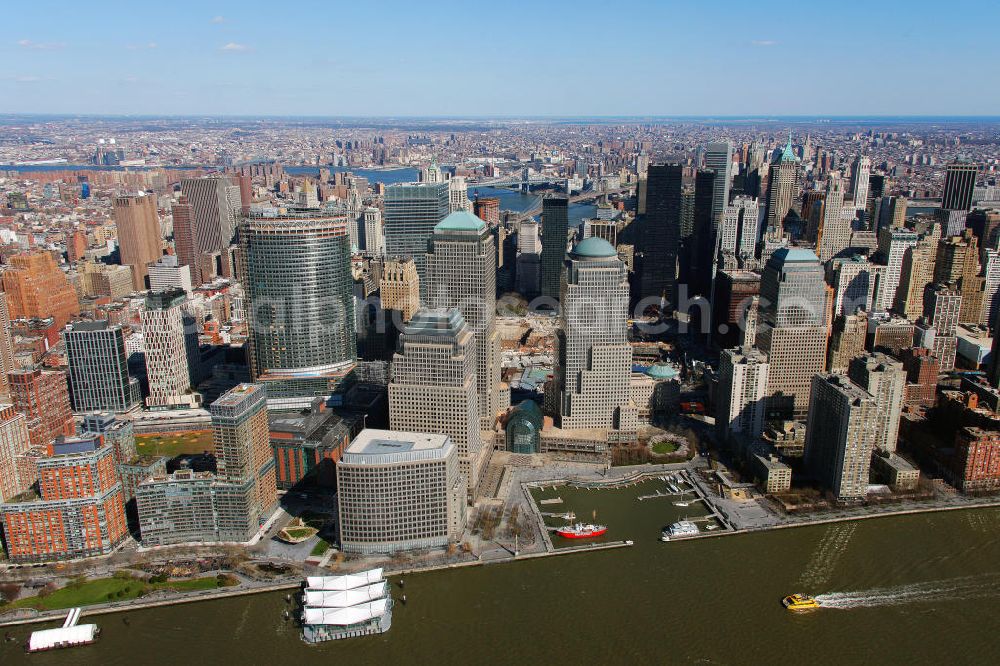 New York from above - View of the yacht harbour North Cove Marina in the district of Manhattan in New York. The skyscrapers are located in the Financial District of the borough