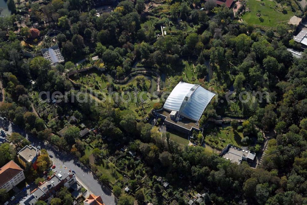 Leipzig from the bird's eye view: Blick auf den Zoo Leipzig. Der Zoo befindet sich im Inneren der Stadt und wird zur Zeit umgebaut. Künftig soll es 6 Themenwelten geben, die Schritt für Schritt realisiert werden. Als erster fertiger Abschnitt wurde 2001 das Pongoland, die Menschenaffenanlage, eröffnet. Kontakt: Zoologischer Garten Leipzig, Pfaffendorfer Straße 29 , 04105 Leipzig - Telefon: 0341.5933385;