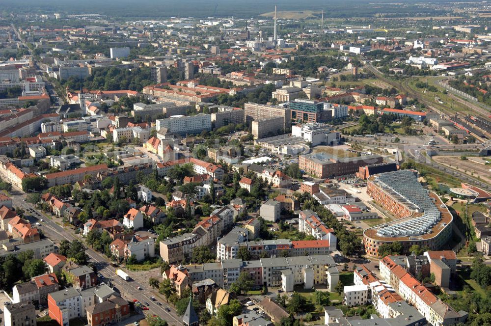 Dessau-Roßlau from the bird's eye view: Blick auf die Innenstadt vom Stadtteil Dessau mit dem Umweltbundesamt rechts im Bild.