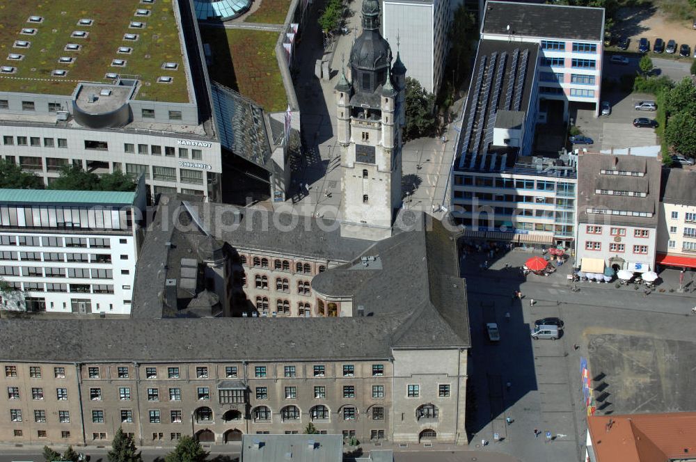 Aerial photograph Dessau-Roßlau - Blick auf das 1901 erbaute alte Rathaus. Das in seiner Geschichte vielseitig verwendete Gebäude stammt aus dem Jahr 1901 und ist eines der Wahrzeichen der Stadt Dessau-Roßlau.