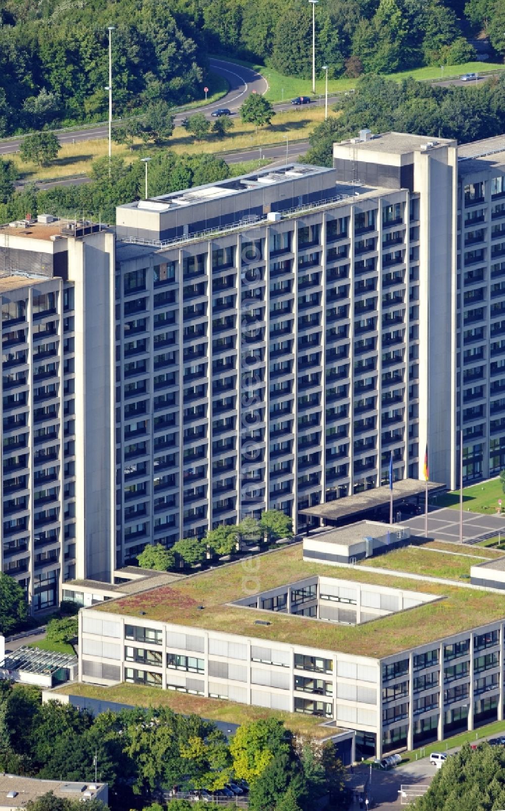 Frankfurt am Main from above - View of the Deutsche Bundesbank in Frankfurt am Main in Hesse. The Deutsche Bundesbank is the central bank of the Federal Republic of Germany with headquarters in Frankfurt am Main and part of the European System of Central Banks