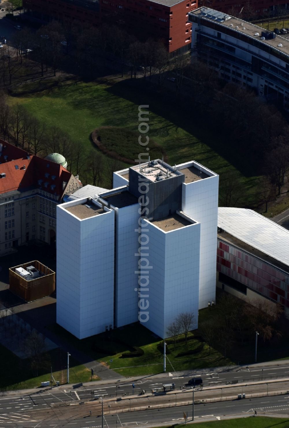 Aerial image Leipzig - Library Building of Deutsche Nationalbibliothek Deutsches Buch- and Schriftmuseum Deutsche Nationalbibliothek on ensemble Deutscher Platz in the district Zentrum-Suedost in Leipzig in the state Saxony