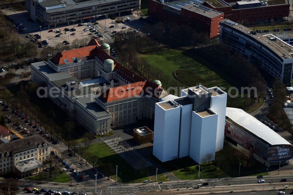 Aerial photograph Leipzig - Library Building of Deutsche Nationalbibliothek Deutsches Buch- and Schriftmuseum Deutsche Nationalbibliothek on ensemble Deutscher Platz in the district Zentrum-Suedost in Leipzig in the state Saxony