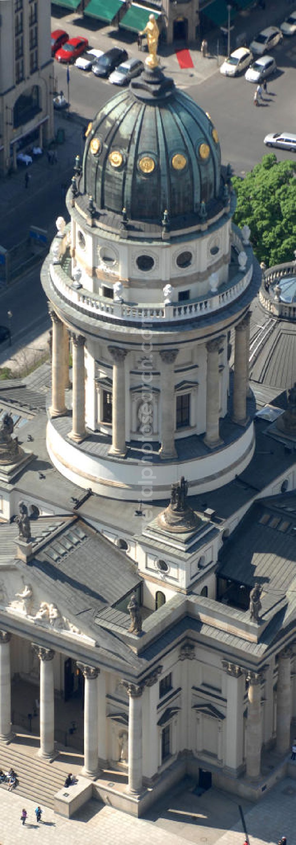 Berlin from the bird's eye view: Blick auf den Deutschen Dom am Gendarmenmarkt in Berlin-Mitte. View of the German Cathedral in Berlin-Mitte.