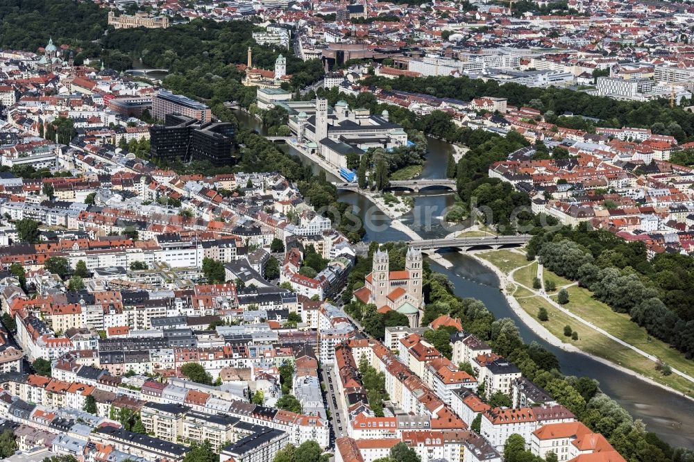 München from the bird's eye view: The German Museum on Museum Island, the Patent Office, the St.Maximilian Church, the Gasteig and the Maximilianeum in Munich in Bavaria