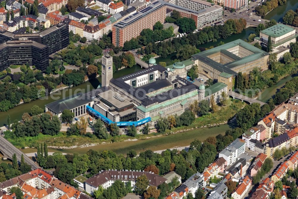 Aerial photograph München - Building ensemble German Museum on the Museum Island, German Patent Office and DPMA trademark office and European Patent Office EPO in Munich in the state Bavaria