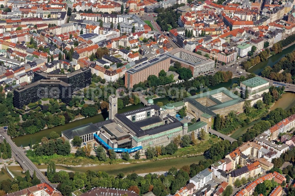 München from the bird's eye view: Building ensemble German Museum on the Museum Island, German Patent Office and DPMA trademark office and European Patent Office EPO in Munich in the state Bavaria