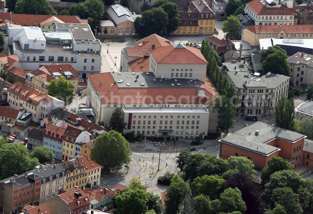 Aerial image Weimar - On Sophienstiftsplatz in Weimar in Thuringia is the German National Theater and Staatskapelle Weimar. The theater dates back to the Weimar court theater, which was closely associated with the poets Goethe and Schiller. On theaterplatz we see the Bauhaus Museum and the Wittumspalais. Both are different UNESCO - facilities