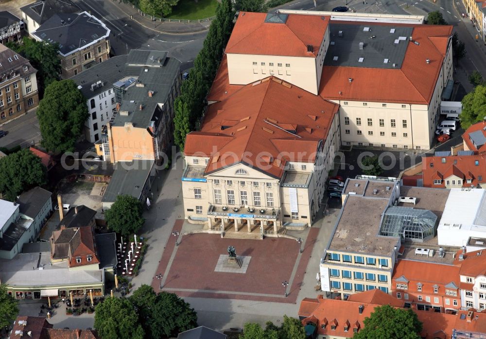 Weimar from above - On Theaterplatz in Weimar in Thuringia is the German National Theater and Staatskapelle Weimar. The theater dates back to the Weimar court theater, which was closely associated with the poets Goethe and Schiller. Front of the theater is the Goethe-Schiller Monument