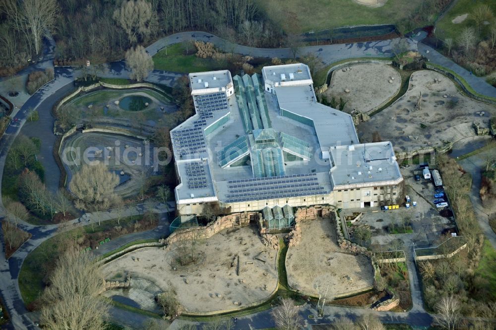 Aerial image Berlin Lichtenberg - The pachyderm house and the Alfred-Brehm-Haus are the two major topics houses in Tierpark Berlin in Berlin-Lichtenberg