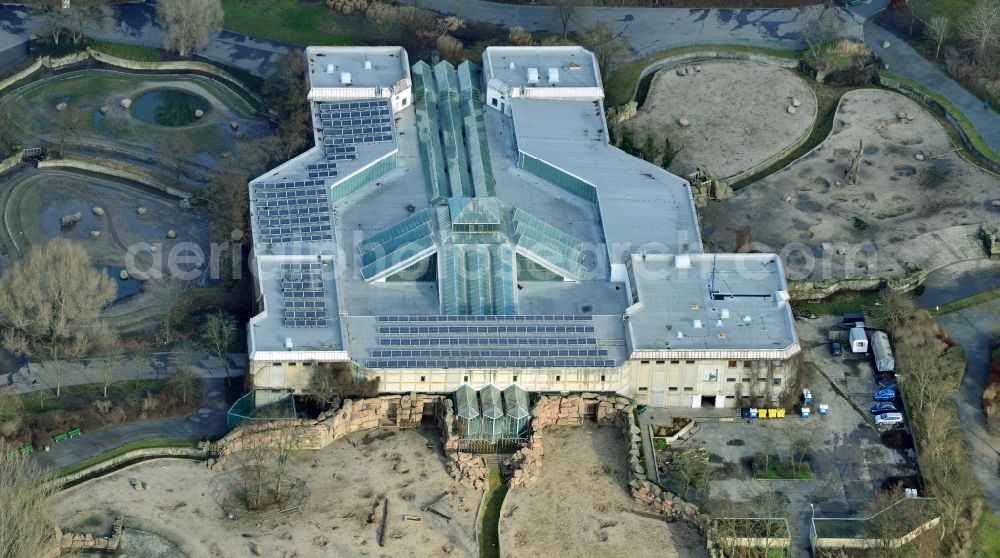 Aerial photograph Berlin Lichtenberg - The pachyderm house and the Alfred-Brehm-Haus are the two major topics houses in Tierpark Berlin in Berlin-Lichtenberg