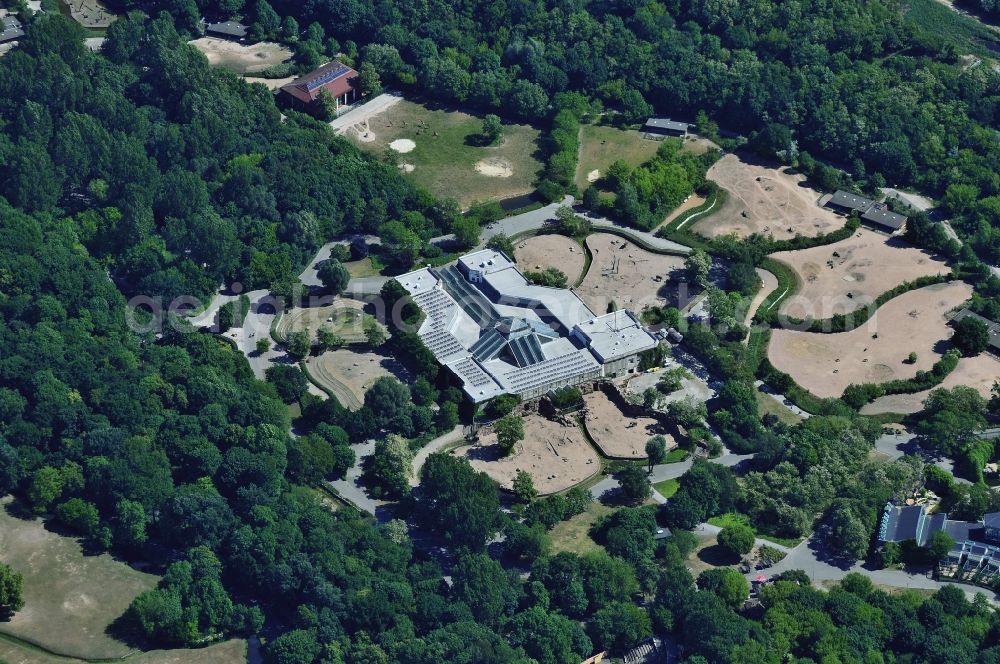 Berlin from above - The pachyderm house and the Alfred-Brehm-Haus are the two major topics houses in Tierpark Berlin in Berlin-Lichtenberg