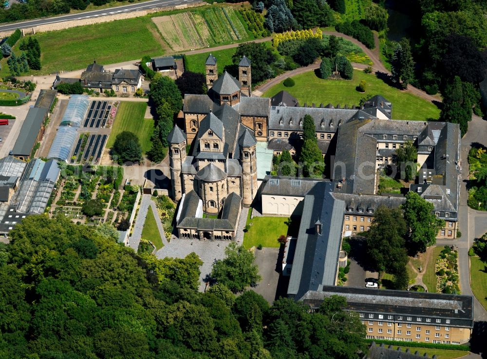 Aerial image Glees - The Abbey of Maria Laach is one, four kilometers north of Mendig in the Eifel on the denunciation of the local municipality in the district of Ahrweiler Glees situated high medieval monastery, the 1093-1216 has been a foundation of Henry II and his wife Adelheid Laach built. They received their current name in 1863