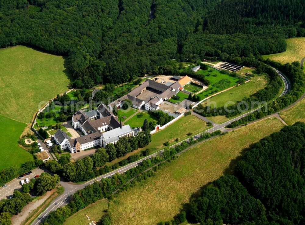 Heimbach from the bird's eye view: The Abbey is a monastery Mariawald of the Order of Cistercians, commonly known as Trappists, near Heimbach in the Eifel. The abbey is located in the northern Eifel above or south of the town of Heimbach in the northern part of the forest area Kermeter